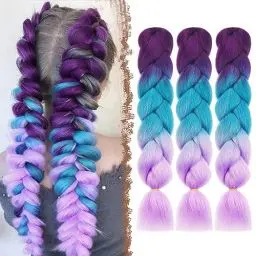 Produktbild: FESHFEN Braiding Hair Extensions, 3 Stücke Bunt Jumbo Braids Kanekalon Kunsthaar Zöpf Box Crochet Braids Haarverlängerung Haar Extension für Damen, Lila/Blau/Hellviolett 60 cm