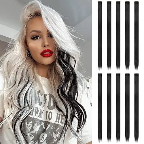 Produktbild: FESHFEN Bunte Farbige Haarverlängerung, 10 PCS Schwarz Haarteil für Damen Party Highlight Synthetik Glatte Bunte Haarverlängerungen Clip in Extensions Haarteil für Frauen, 55cm