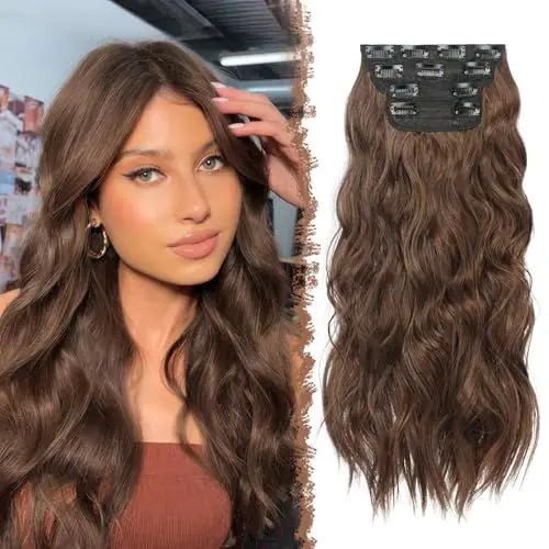 Produktbild: FESHFEN Clip in Extensions, 4PCS 50 cm Voller Kopf Haarverlängerungen mit Clips Synthetik Gewellte Haarextension Gemischt Braun Wavy Haar Extensions Clip in Haarteil für Frauen, 180g