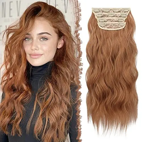 Produktbild: FESHFEN Clip in Extensions, 4PCS Haarverlängerungen mit Clips Synthetik Gewellte Haarextension Kastanienbraun Wavy Wellig Haar Extensions Clip in Haarteil für Frauen 50 cm