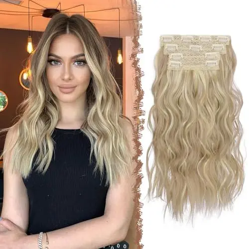 Produktbild: FESHFEN Clip in Extensions, 4PCs Lang Wellig Haarverlängerungen mit Clips Synthetik Gewellt Dreckiges Blond Haarextension Wavy Haar Extensions Clip in Haarteil für Damen 40 cm