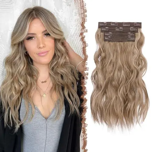 Produktbild: FESHFEN Clip in Extensions, 4PCs Lang Wellig Haarverlängerungen mit Clips Synthetik Gewellt Karamellbraun Gemischt Aschblond Haarextension Wavy Haar Extensions Clip in Haarteil für Damen 40 cm