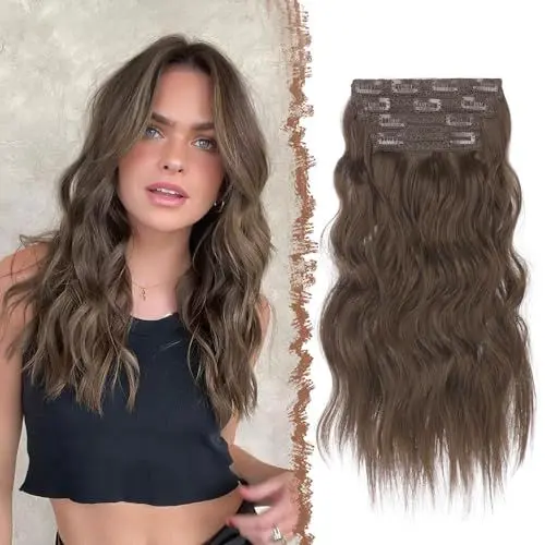 Produktbild: FESHFEN Clip in Extensions, 4PCs Lang Wellig Voller Kopf Haarverlängerungen mit Clips Synthetik Gewellt Kastanie Braun Haarextension Wavy Haar Extensions Clip in Haarteil für Damen 40 cm