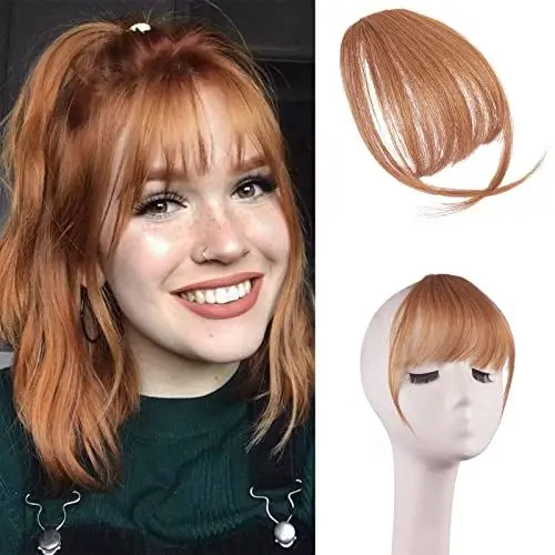 Produktbild: FESHFEN FESHFEN Clip in Pony Echthaar 100% Remy Human Hair Clip in Bangs Haarverlängerung Clip in Pony Fringe Bang Extension Verlängerung natürliche Haarteil für Frauen Mädchen, Helles Rotbraun