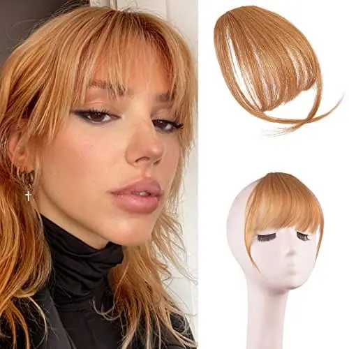 Produktbild: FESHFEN FESHFEN Clip in Pony Echthaar 100% Remy Human Hair Clip in Bangs Haarverlängerung Clip in Pony Fringe Bang Extension Verlängerung natürliche Haarteil für Frauen Mädchen, Dunkel Erdbeerblond