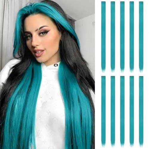 Produktbild: FESHFEN Farbige Haarverlängerung, 10 PCS Blaugrün Haarteil für Damen Synthetik Party Highlight Bunte Glatte Haarverlängerungen Clip in Haarteil für Frauen, 55cm