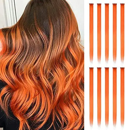 Produktbild: FESHFEN Farbige Haarverlängerung, 10 PCS Orange Haarteil für Damen Synthetik Party Highlight Bunte Glatte Haarverlängerungen Clip in Haarteil für Frauen, 55cm