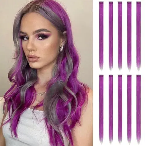 Produktbild: FESHFEN Farbige Haarverlängerung, 10 PCS Weintraube Violett Haarteil für Damen Synthetik Party Highlight Bunte Glatte Haarverlängerungen Clip in Haarteil für Frauen, 55cm
