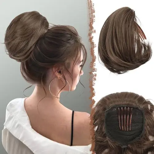 Produktbild: FESHFEN Haarteil Dutt mit Comb Kurz Haarteil Pferdeschwanz Haardutt Chignon Synthetik Haarteile Kunsthaar Dutt Extensions mit Comb Kordelzug für Damen, Kastanien Braun