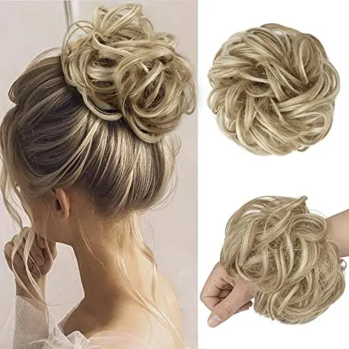 Produktbild: FESHFEN Haarteil Mit Gummiband, Groß Dutt Haarteil Haargummi Mit Haaren Gelockt Haardutt Synthetisch Haarverlängerung Pferdeschwanz Haarteile für Damen Mädchen, Dreckige Blonde 55g