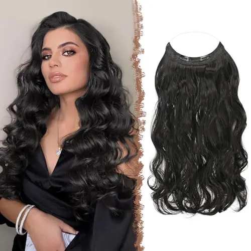 Produktbild: FESHFEN Invisible Hair Extensions Secrets Haarverlängerungen mit Draht Natürliches Schwarz Synthetisch Verstellbar Lockiges Haar Langes Gewelltes Geheimes Haarteil für Frauen 50cm