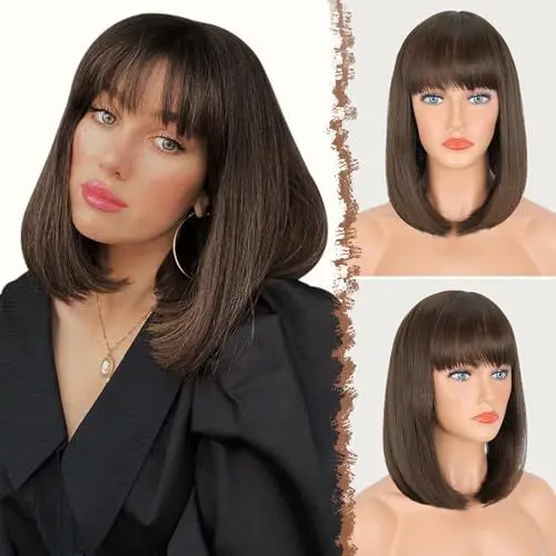 Produktbild: FESHFEN Kurze Bob Kastanie Braun Perücken mit Pony für Damen Mittellange Synthetik Perücken Gerade Haar Perücken für Frauen 35 cm