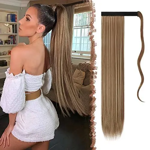 Produktbild: FESHFEN Lang Glattes Pferdeschwanz Haarteil Synthetik Haarverlängerung Zopf Haar Extension für Damen Mädchen, Braun & Blond 70 cm