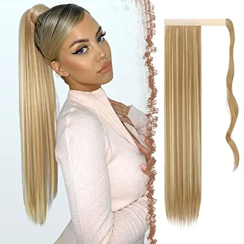 Produktbild: FESHFEN Lang Glattes Pferdeschwanz Haarteil Synthetik Haarverlängerung Zopf Haar Extension für Damen Mädchen, Dreckiges Blond 60 cm