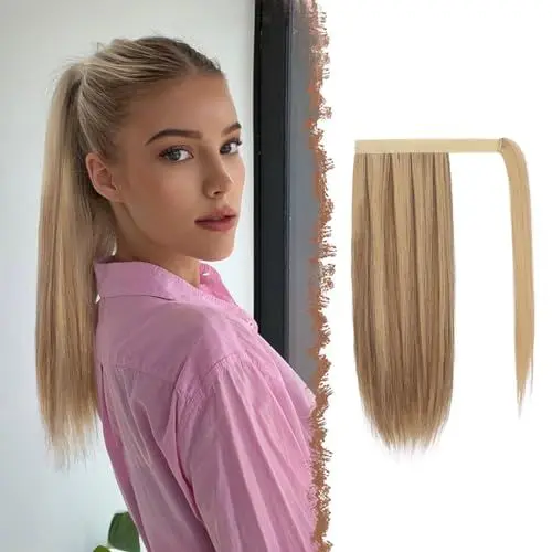 Produktbild: FESHFEN Pferdeschwanz Extensions Glatt Lang Pferdeschwanz Verlängerung Haarteil Zopf Clip in Ponytail Extension Synthetik Haare Extensions Zopf Haarverlängerung für Damen, 40 cm Braun gemischt Blond
