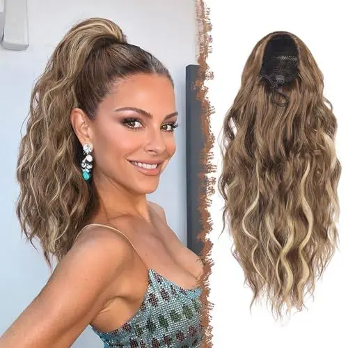 Produktbild: FESHFEN Pferdeschwanz Haarteil mit Kordelzug, Lange Wellen Zopf Verlängerung Haare Extensions Synthetik Wellig Haarverlängerung Clip in Ponytail für Damen, 45 cm Hellbraun und Blond
