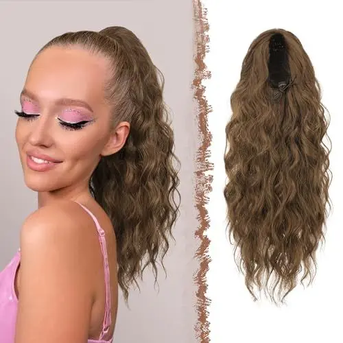 Produktbild: FESHFEN Pferdeschwanz Haarteil mit Kordelzug, Lange Wellen Zopf Verlängerung Haare Extensions Synthetik Wellig Haarverlängerung Clip in Ponytail für Damen, 45 cm Kastanien Braun
