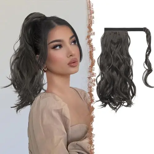 Produktbild: FESHFEN Wellen Pferdeschwanz Haarteil 35 cm Natürlich Lockig Pferdeschwanz Verlängerung Zopf Natürlich Schwarz Synthetik Haarverlängerung Wrap Around Ponytail Haare Extension für Damen