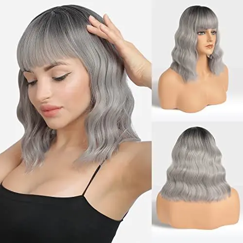 Produktbild: FESHFEN Wellig Ombre Grau Perücken mit Pony Bob Gewellte Perücken Damen Synthetik Perücke Mittellang mit Pony Kurze Haar Perücke Frauen 35cm