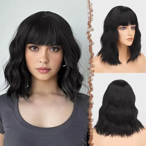 Produktbild: FESHFEN Wellig Bob Perücke mit Pony - 35cm Schwarz Wellen Schulterlänge Perücken für Damen Frauen Synthetik Kunsthaar Haarperücke für Alltag Karneval Fasching