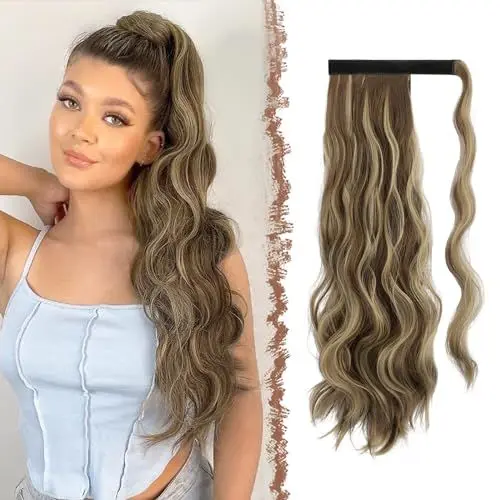 Produktbild: FESHFEN Zopf Pferdeschwanz Haare Extensions Lang Wellig Lockig Clip in Ponytail Synthetik Haarzopf Haarverlängerung Haarteil für Damen, Hellbraun & Blond 60 cm