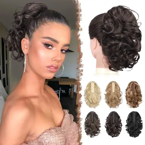 Produktbild: FESHFEN Zopf Pferdeschwanz Haarteile, Kurze Lockige Gewellte Haarklammer Zopf Verlängerung Claw Clip Haare Extensions Synthetik Wellig Ponytail Haarverlängerung für Damen, Dunkel Braun 25 cm