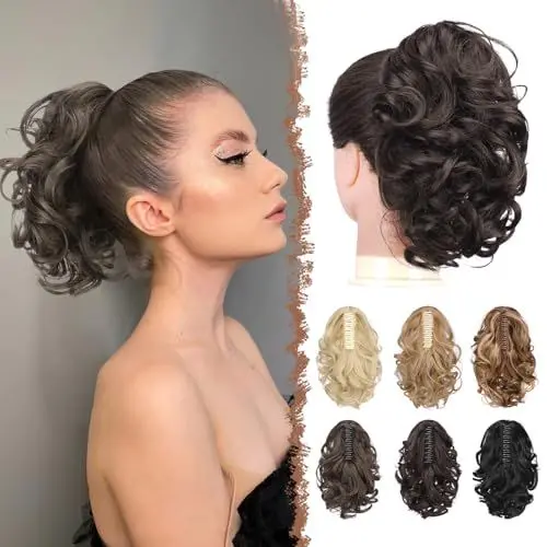 Produktbild: FESHFEN Zopf Pferdeschwanz Haarteile, Kurze Lockige Gewellte Haarklammer Zopf Verlängerung Claw Clip Haare Extensions Synthetik Wellig Ponytail Haarverlängerung für Damen, Kastanien Braun 25 cm