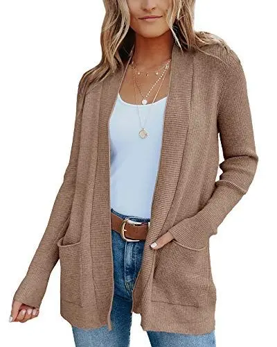 Produktbild: Fessceruna Damen Langarm Strickjacke Vorne Offen Cardigans Leicht Gestrickt Jacke mit Taschen,Khai,L