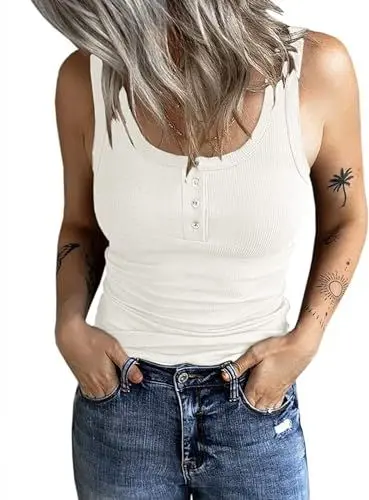 Produktbild: Fessceruna Damen Tops Sexy U-Ausschnitt Tank top Ärmellos Sommer Oberteile Gerippt Camisole mit Knöpfen(Weiß, XS)