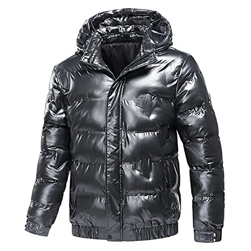 Produktbild: Feste Farbe glänzende Jacke Langarm-Kapuzen-Baumwoll-Jacke für Männer Mantel Herren Winter Kurz (Dark Gray, L)