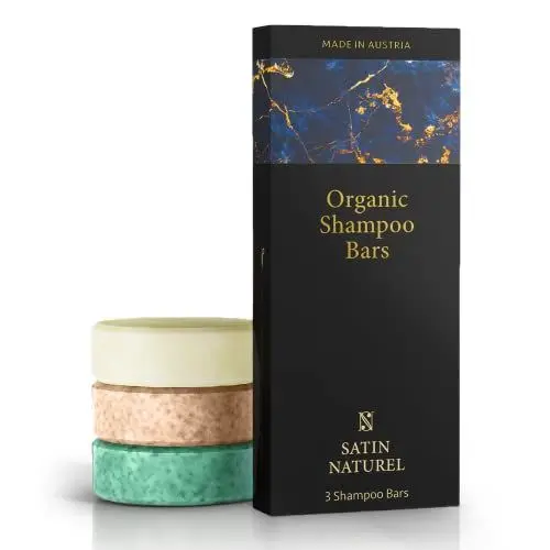 Produktbild: Satin Naturel Festes Shampoo Set BIO - Perfekte fur trockene Kopfhaut, 3 Shampoo Bars mit Bio Arganöl, Aloe Vera, Macadamianüsse fur Herren & Damen - 100% Vegan & Seifenfrei & Plastikfrei