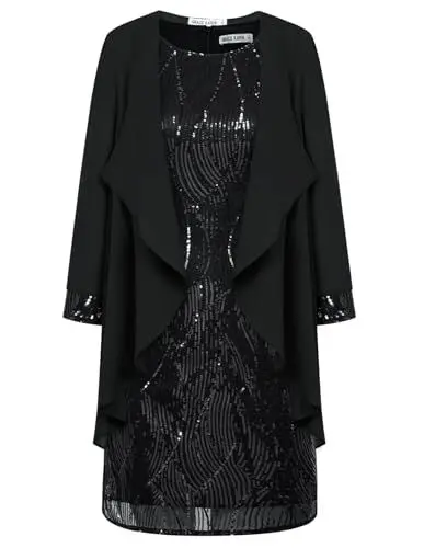 Produktbild: Festival Glänzendes Pailletten Knielang Jumpsuit für Damen Ärmelloser V-Ausschnitt Solide Farbe Sexy Party Bleistiftkleid Silber-Schwarz XXL