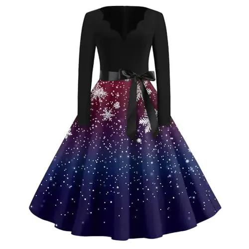 Produktbild: Weihnachtskleider Damen Große Größen Festlich Elegant Partykleid Weihnachtsoutfit Kostüm Winter Kleid Rot Blau-XL