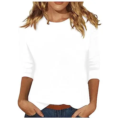 Produktbild: Bluse Damen Kurzarm,Damen Blusen 3/4 Arm Elegant Rundhalsausschnitt Oberteile Mode Leger Slim Fit Tops Dreiviertelarm Shirt Weiß XL