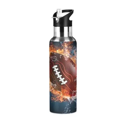 Produktbild: Feuer American Football Rugby Trinkflasche Wasserflasche mit Strohhalm, Thermosflasche Vakuumisolierte aus Edelstahl 18/8, BPA-frei für Kinder Sport Wandern Schule (600ml/1L)