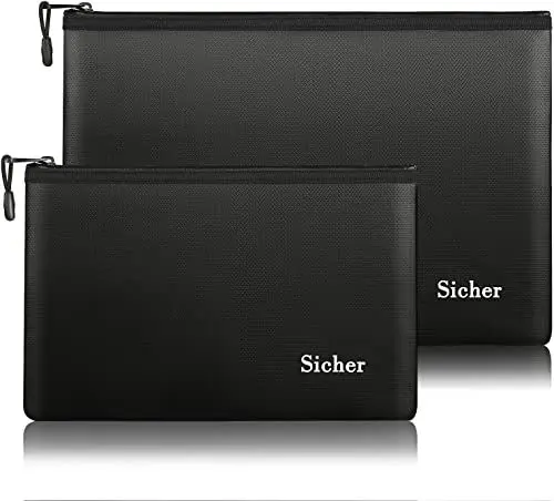 Produktbild: Feuerfeste Tasche 2er Set | Feuersichere Wasserabweisend Dokumententasche Hülle Beutel Behälter für A4 Dokumente Passport Bankdatei Geld Wertsachen | aus Hochwertigem Silikon Fiberglas