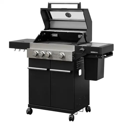 Produktbild: Feuergott Gasgrill Hektor 3B-S Edelstahl Gasgrillstation 3 Brenner, Infrarot Sear-Brenner, Gusseisen-Grillrost, Seitenkocher und Kochplatte Inkl. Abdeckhaube für Garten, Terrasse