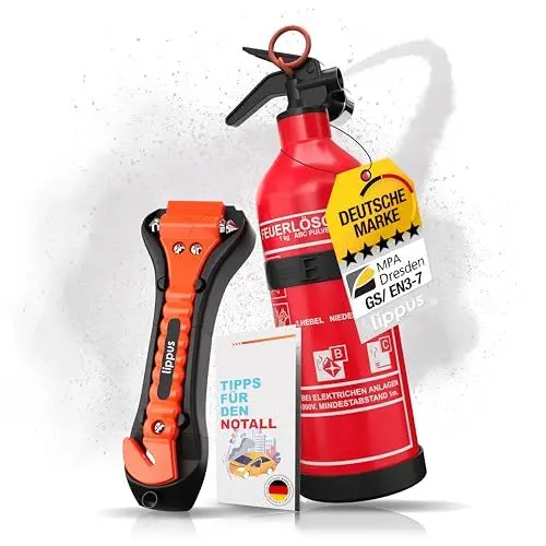 Produktbild: Feuerlöscher Auto 1kg + Nothammer Auto mit Gurtschneider (INKL. NOTFALLKARTE) - Strengste Qualitätssicherung - Notfallhammer, PKW Autofeuerlöscher, kfz, klein