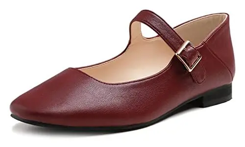 Produktbild: Feversole Damen Mary Jane Fashion Square Toe Easy Buckle Low Heel Slip On Flats, Sq Maryjane Veganer Stack Heel Burgunderrot, 39 EU