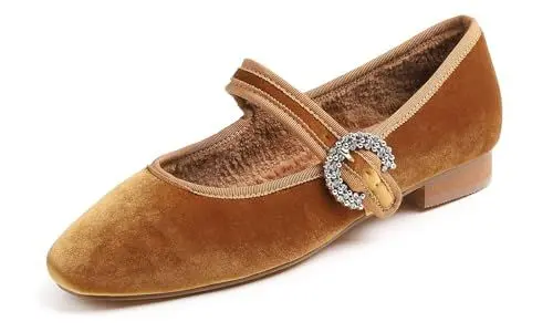 Produktbild: Feversole Damen Weiches Kissen Extra Gepolstert Komfort Quadratischer Zehe Mary Jane Metallschnalle Mode Ballerinas Wanderschuhe, Camel Samt Pelz gefüttert Strass Schnalle,38