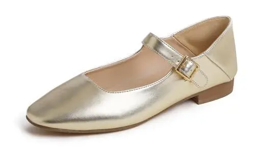 Produktbild: Feversole Damen Weiches Kissen Extra Gepolstert Komfort Quadratischer Zehe Mary Jane Metallschnalle Mode Ballerinas Wanderschuhe, Gold Mary Jane,40