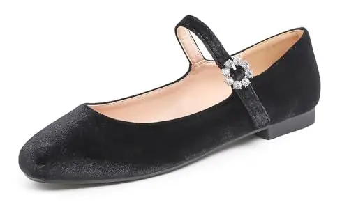 Produktbild: Feversole Damen Weiches Kissen Extra Gepolstert Komfort Quadratischer Zehe Mary Jane Metallschnalle Mode Ballerinas Wanderschuhe, Quadratische Mary Jane Schwarz Samt,41