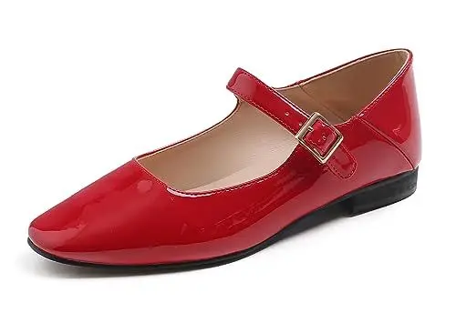 Produktbild: Feversole Damen Weiches Kissen Extra Gepolstert Komfort Quadratischer Zehe Mary Jane Metallschnalle Mode Ballerinas Wanderschuhe, Rot Patent Mary Jane,39