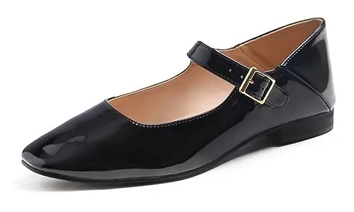 Produktbild: Feversole Damen Weiches Kissen Extra Gepolstert Komfort Quadratischer Zehe Mary Jane Metallschnalle Mode Ballerinas Wanderschuhe, Schwarz Patent Mary Jane,39