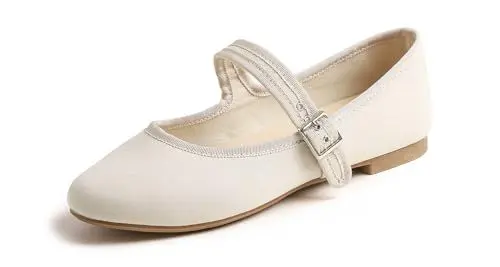 Produktbild: Feversole Damen Weiches Kissen Extra Gepolstert Komfort Runde Zehe Mary Jane Metallschnalle Mode Ballerinas Wanderschuhe, Beige Leinwand Mary Jane, 40