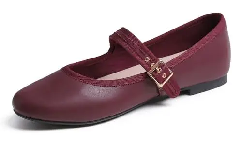 Produktbild: Feversole Damen Weiches Kissen Extra Gepolstert Komfort Runde Zehe Mary Jane Metallschnalle Mode Ballerinas Wanderschuhe, Burgunderrot Mary Jane, 39