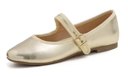 Produktbild: Feversole Damen Weiches Kissen Extra Gepolstert Komfort Runde Zehe Mary Jane Metallschnalle Mode Ballerinas Wanderschuhe, Gold Mary Jane, 39