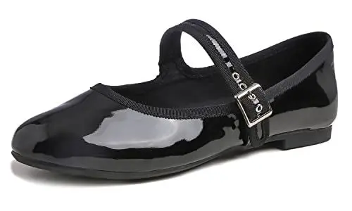 Produktbild: Feversole Damen Weiches Kissen Extra Gepolstert Komfort Runde Zehe Mary Jane Metallschnalle Mode Ballerinas Wanderschuhe, Mary Jane, Lackleder, Schwarz, 39