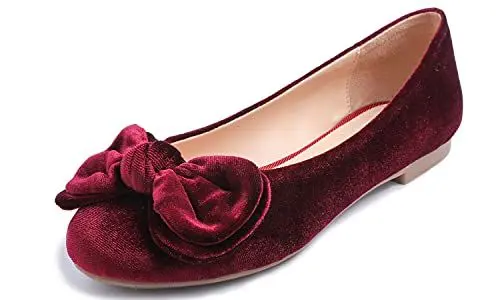 Produktbild: Feversole Damenmode, runder Zehenbereich, Ballett, flach, Flauschiger Samt，Süße Schleife Samt Burgund 39 EU