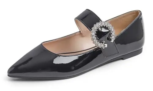 Produktbild: Feversole Flache Schuhe für Damen,Spitze Flache Schuhe，Klassische Ballerinas Profilsohle Maryjane Schwarz Lack Strass Schnalle 38 EU